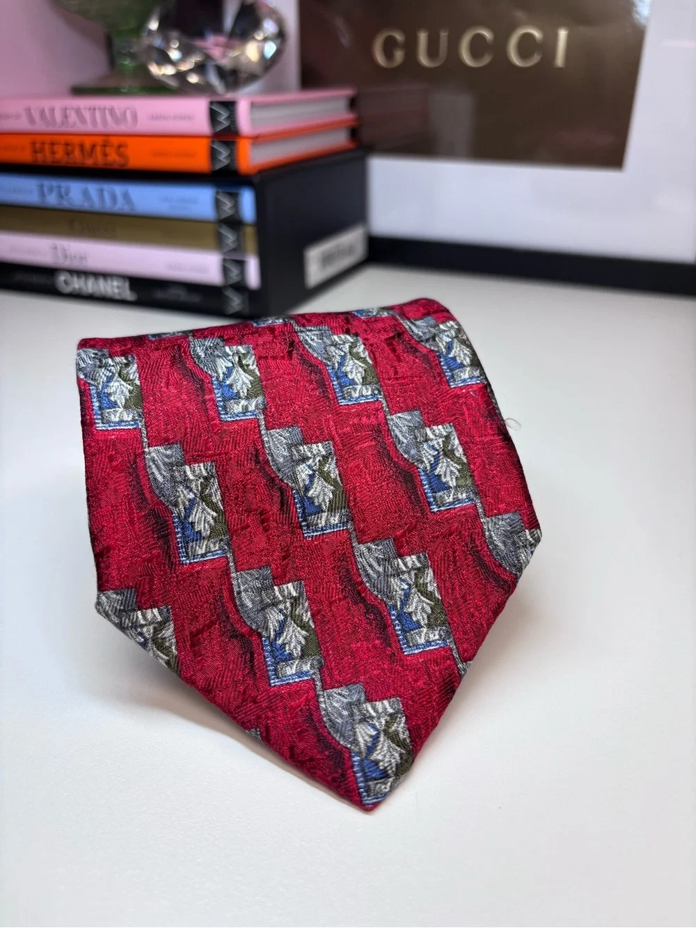 Zante Red Geometric Silk Tie with Silver and Blue Accents EUC Vintage Italian
